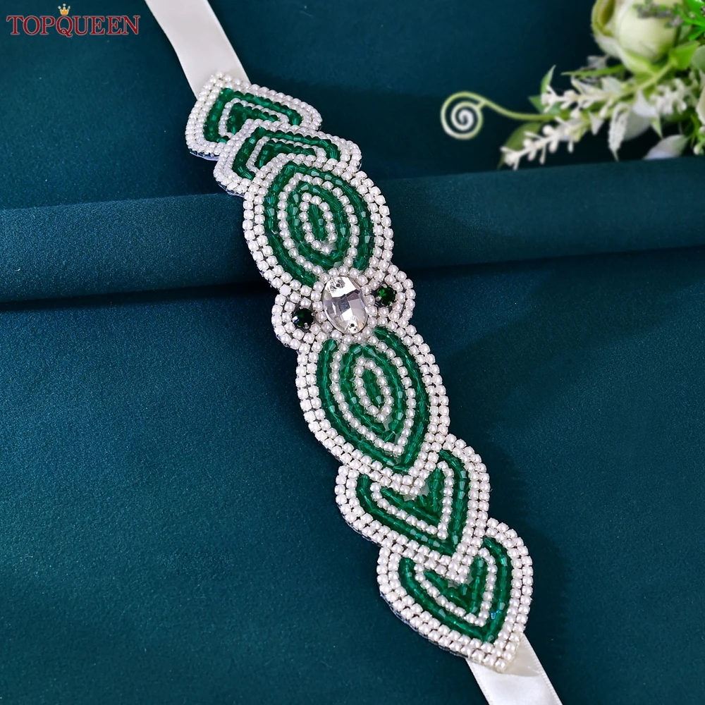 TOPQUEEN New Design Bridal Belt,White Beaded Decoration Green Crystal Wedding Sash,Festival Event Tone Dress Belt S265 view 6