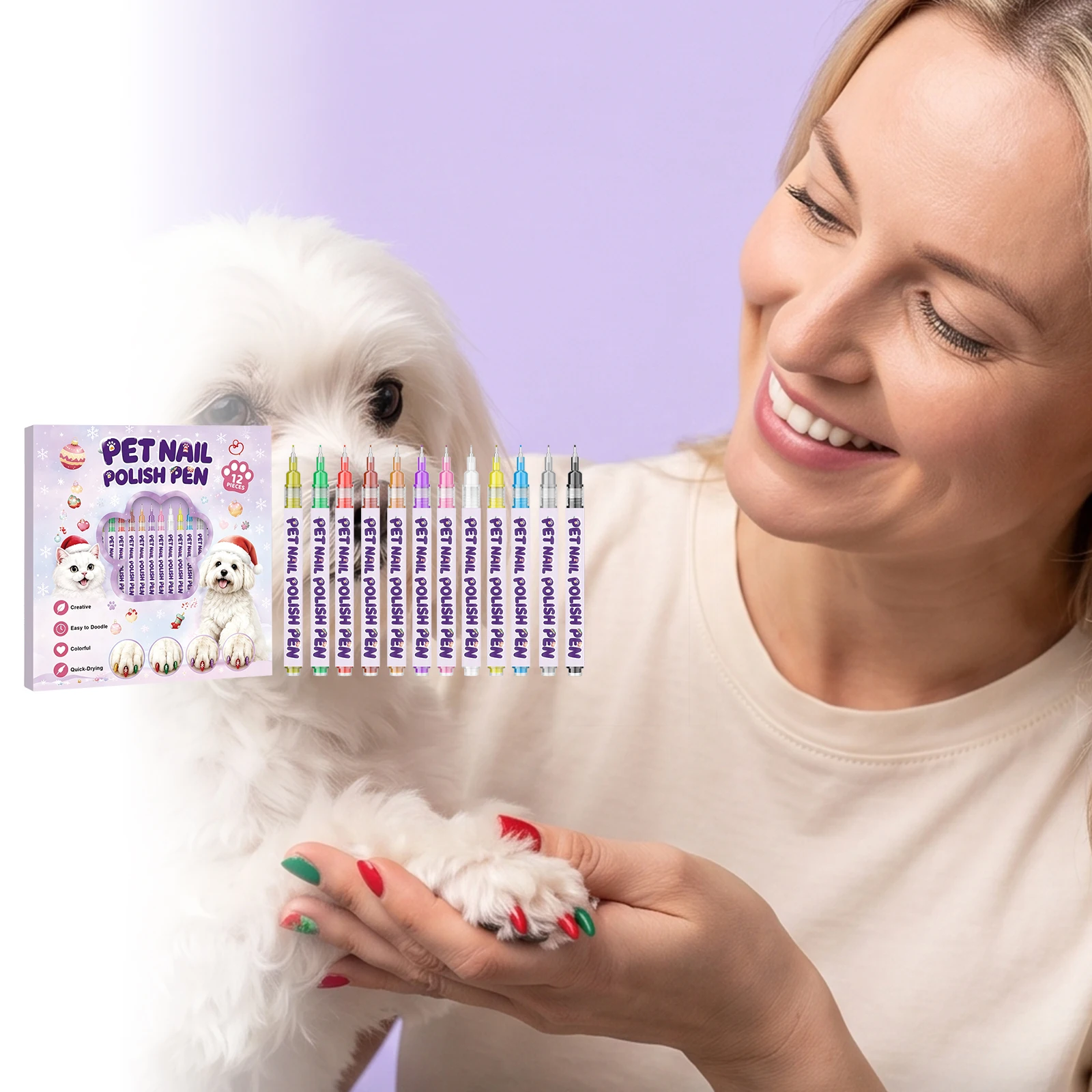 Pet Nail Art Pen (Colorful Xmas) Gentle Formula Long-last Quick-dry Easy Remove Clean Supplies