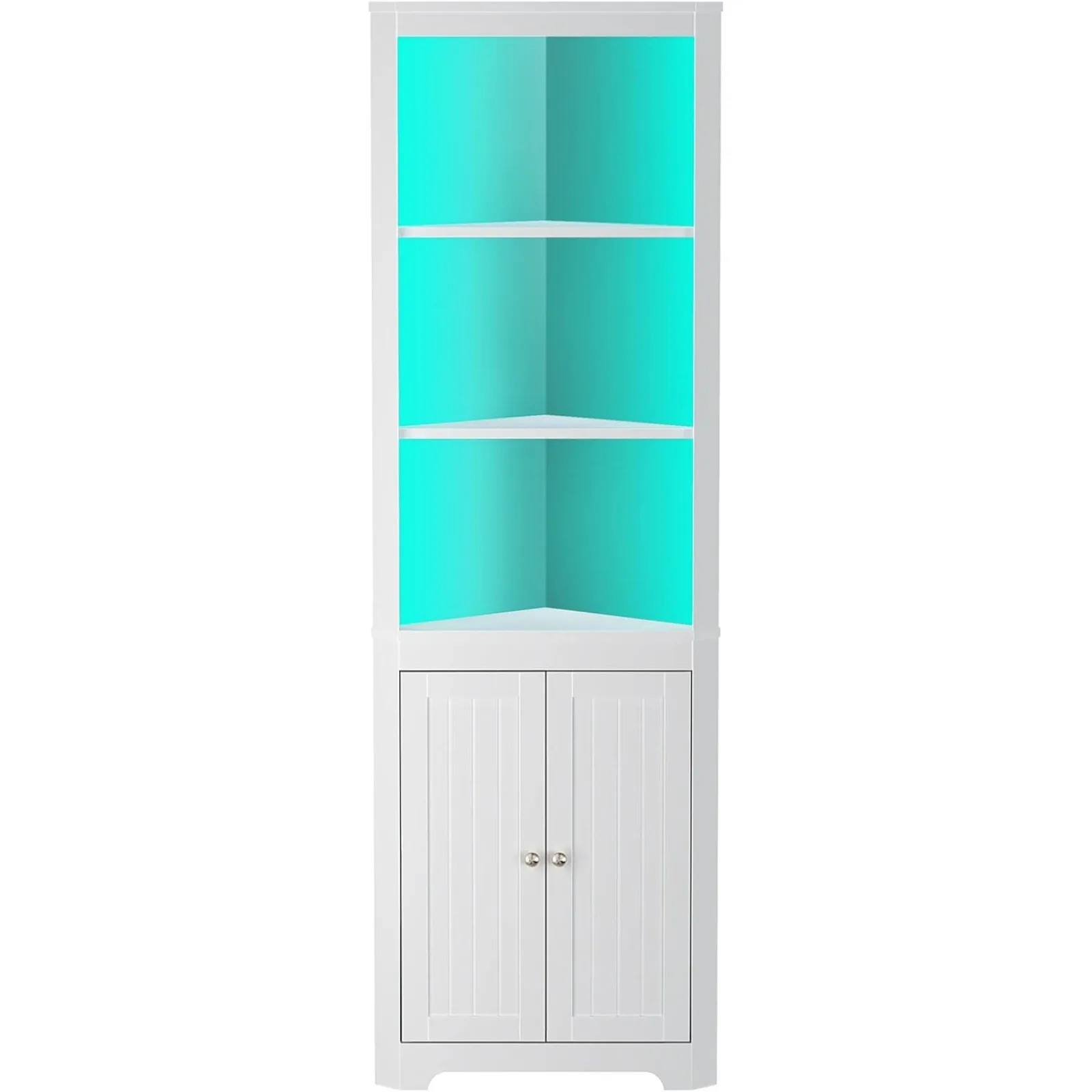 

US Corner Shelf with LED Light, White Corner Cabinet, 5-Tier Storage Cabinet with Doors, Tall Bookshelf Stand for