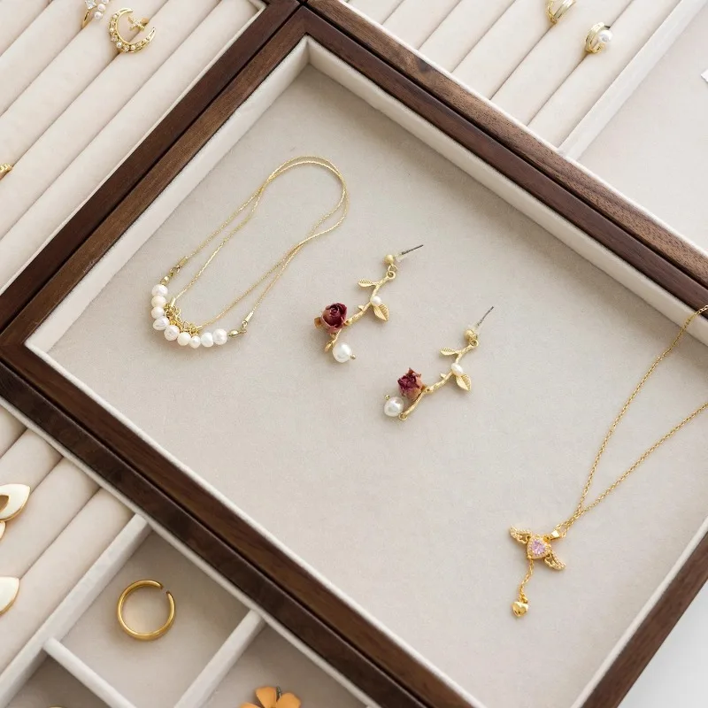 الجوز الأسود علبة مجوهرات فاخرة الرجعية حلقة تخزين صواني المجوهرات مكافحة القلائد سوار عرض البليت مجوهرات المنظم