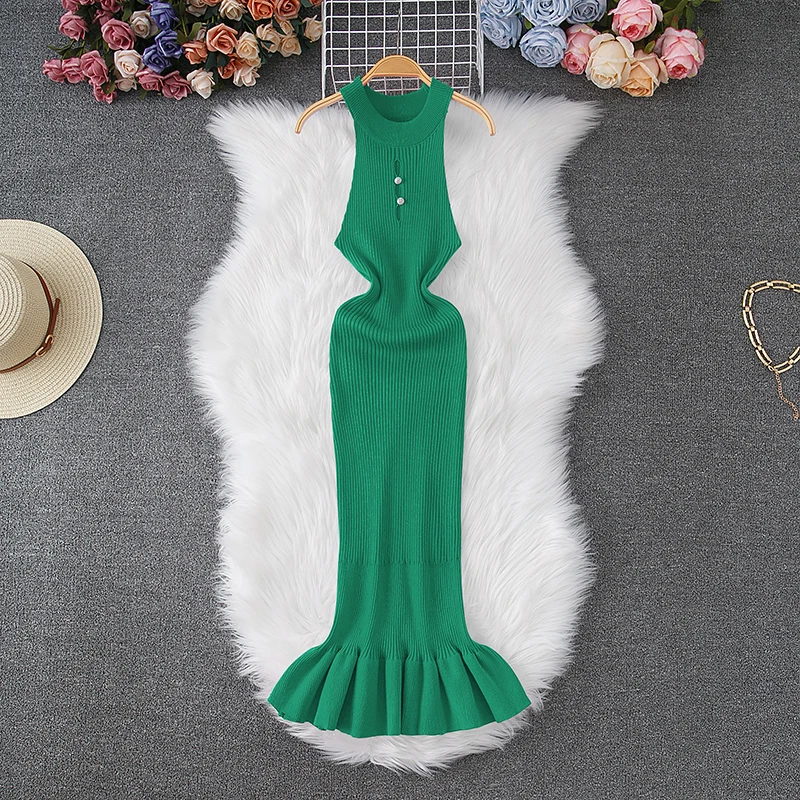 YuooMuoo Women Dress 2024 New Fashion Y2K Hollow Out Sexy Package Hips Ruffles Summer Dress Lady Slim Elastic Knit Party Vestido