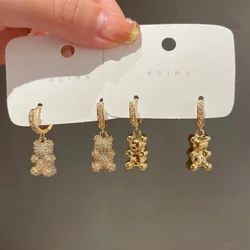 Lovely Bear Earrings for Girls Korean Cute Gold and Silver Color Copper Bears Pendant Hoop Earrings Aretes Jewelry Pendientes