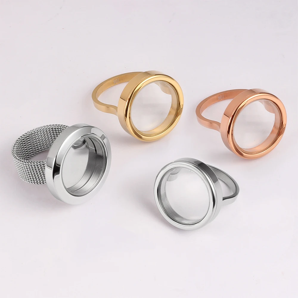 Twist Open 22.5mm/25mm Screw Top Silver/Gold/Rose Gold Color 316L Stainless Steel Floating Glass Living Memory Locket Ring