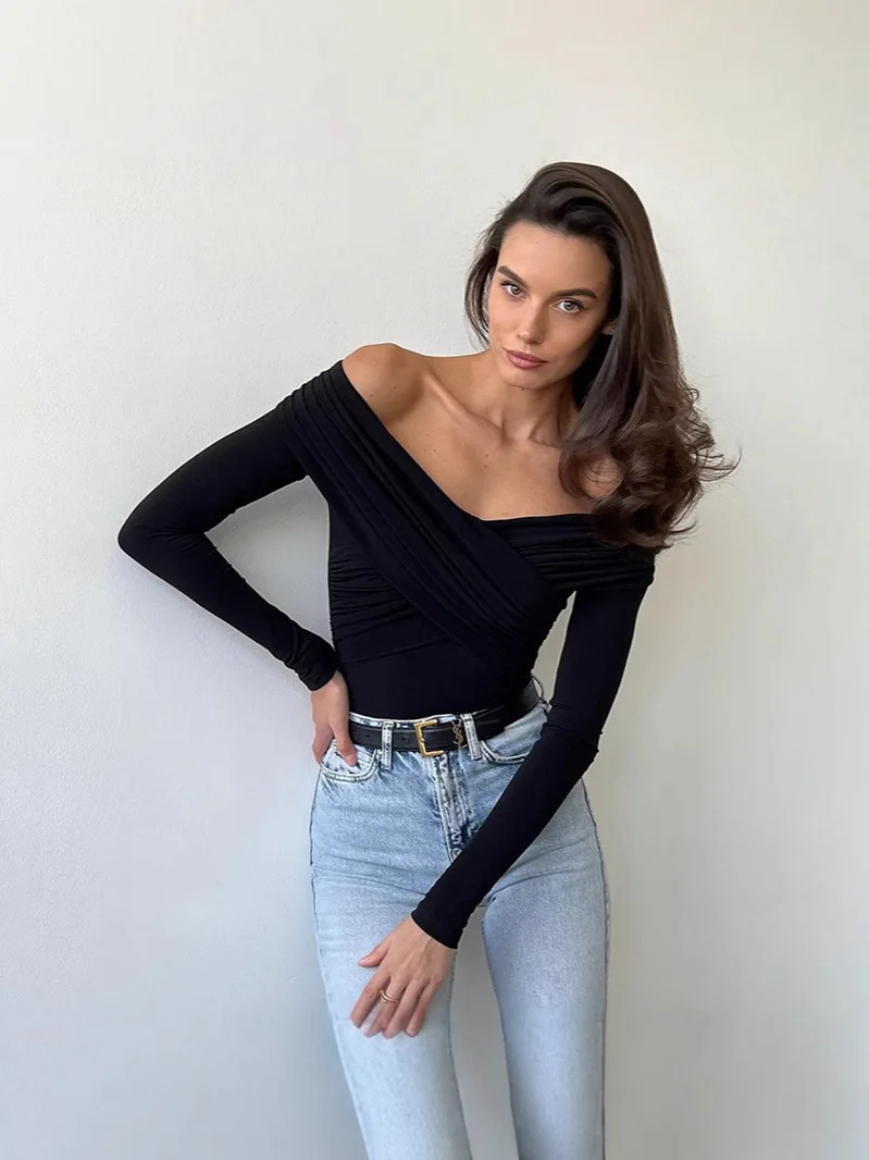 Frauen Weg Schulter Shirts Kurze Shirts Mode Vorne Kreuz Langarm Slim Fit Tops Damen Kleidung Clubwear Weibliche Streetwear