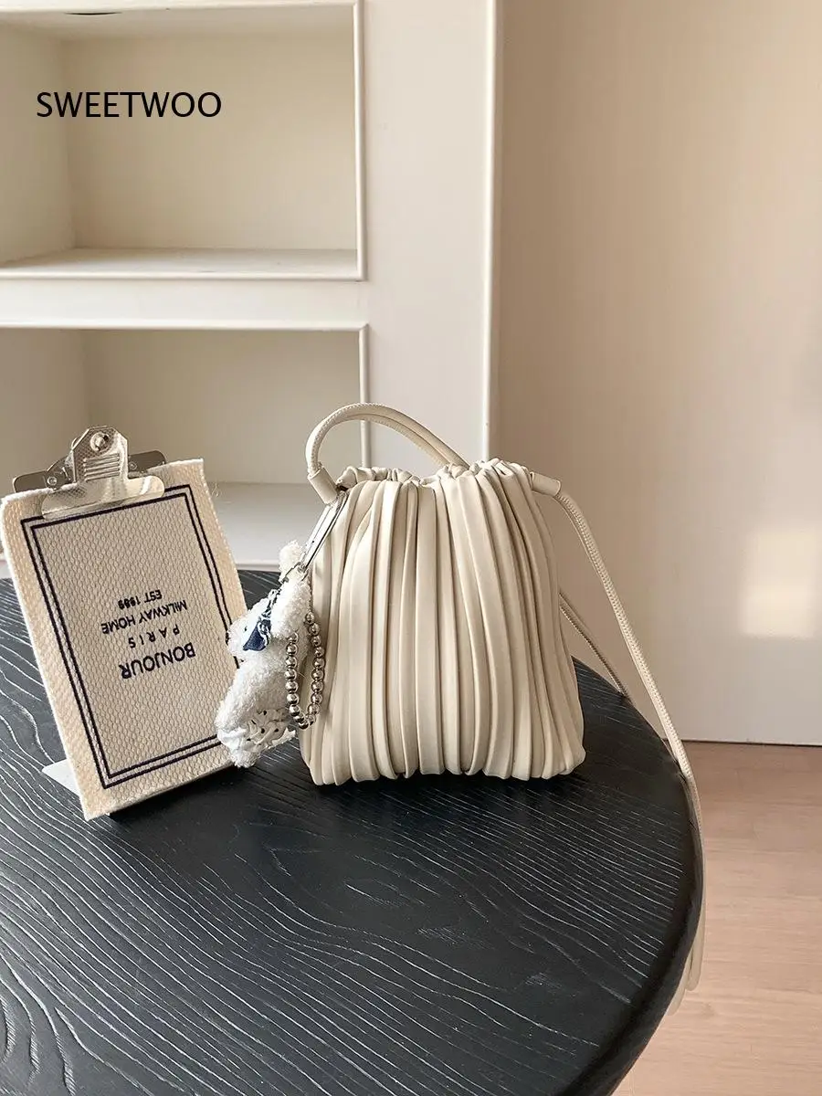 Minimalist Pleated Tiny Shoulder Bag Ruched Vertical Strip Design Drawstring Closure Lightweight Daily Mini Crossbody Bag