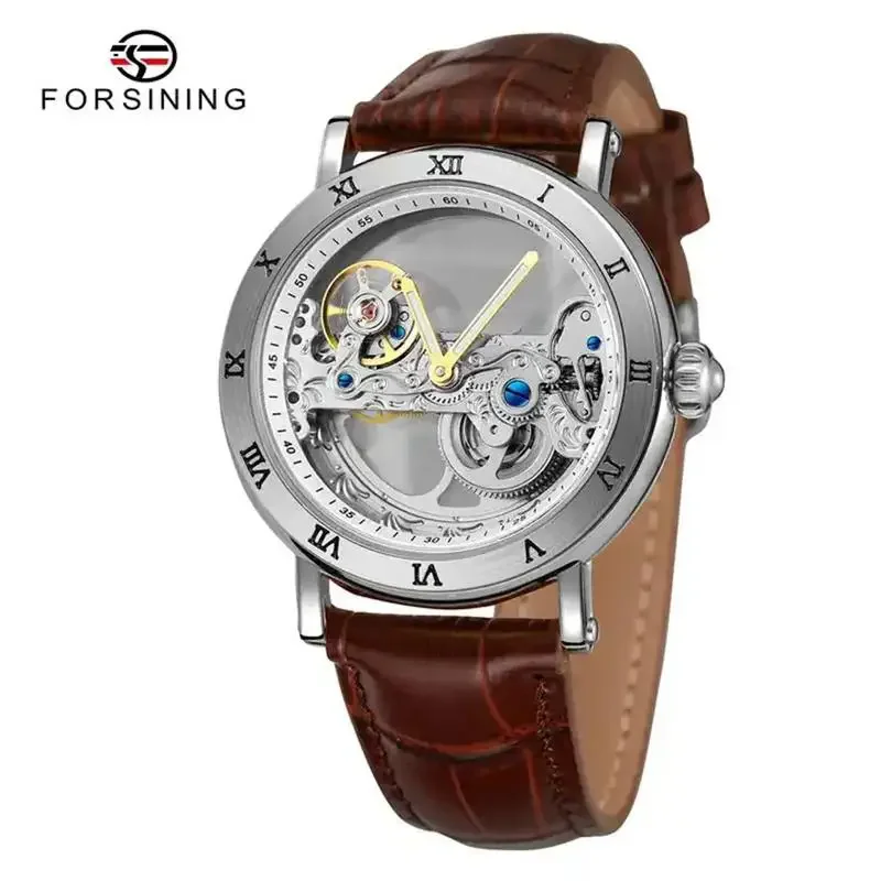 Forsining 208S Fashion Automatic Mechanical Watches Men Transparent Skeleton Leather Waterproof Steampunk Casual Business Watch