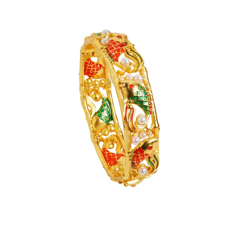 Luxury 24K 9999 Pure Gold real gold Women's enamel hollow pearl mosaic koi buckle bracelet - Image 5