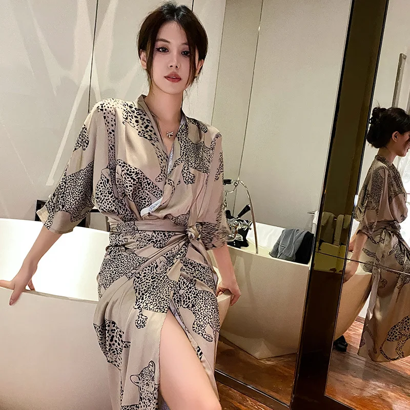 Sexy Fashion Leopard Robe Nightgown Spring Summer Half Sleeve Kimono Bathrobe Gown Sleepwear Loose Satin Home Dress Lounge Wear