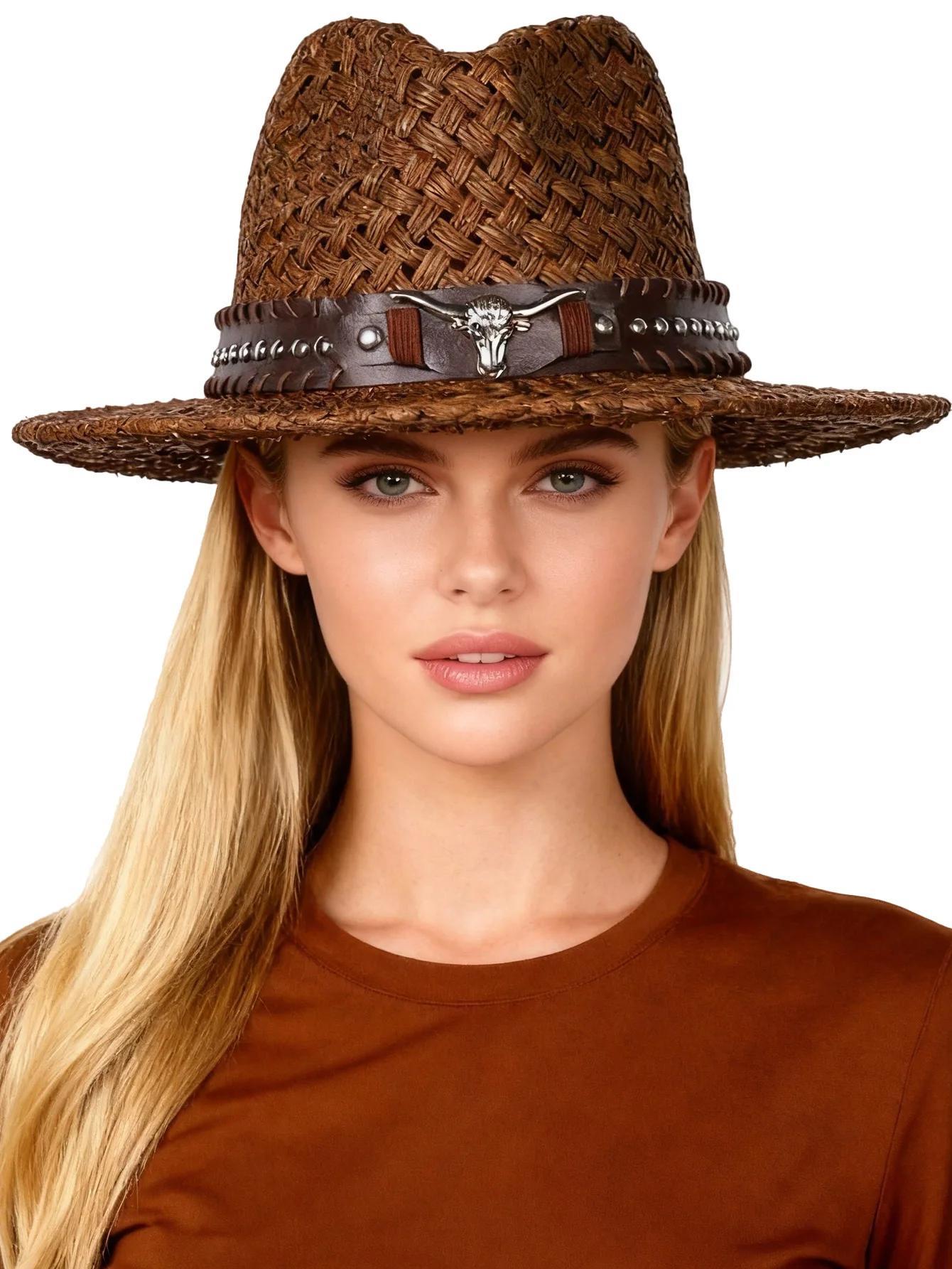 Sombrero de sol de ala ancha marrón para mujer y hombre, sombreros Fedora de playa de paja moldeables y plegables con cinturón con hebilla y bandas decorativas