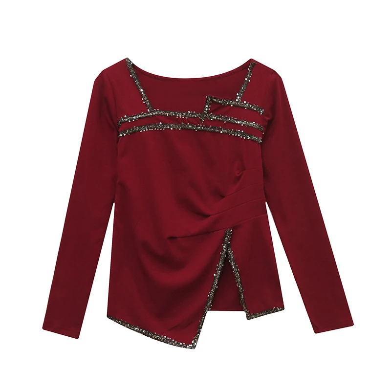 Asymmetrisches langes Sve-T-Shirt für Damen, Basisschicht, irt gefaltetes Design, Sensation, Herbst-Winter, neue Sle, koreanische Version, schmale Passform