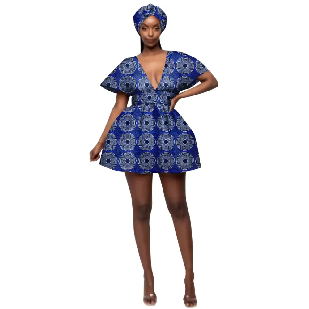 

Африканские платья для женщин больших размеров: хлопковые, дышащие, для торжественных мероприятий, с асимметричными короткими рукавами, мини-юбка и головной убор