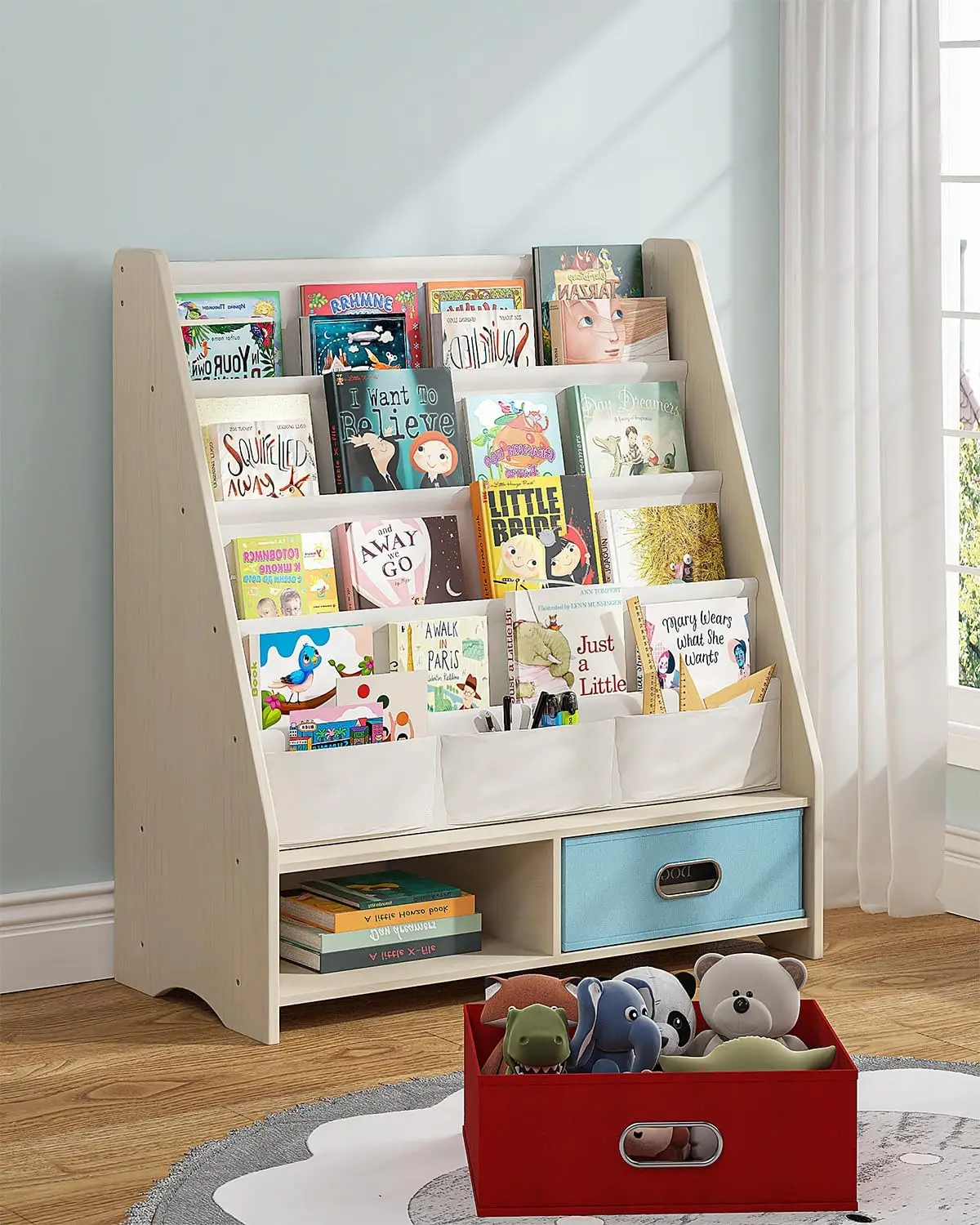 

Sturdy Kids Bookshelf, Book Shelf for Kids Room with Tear-Proof Cotton Sling, Eco-Safe Toddler Bookshelf