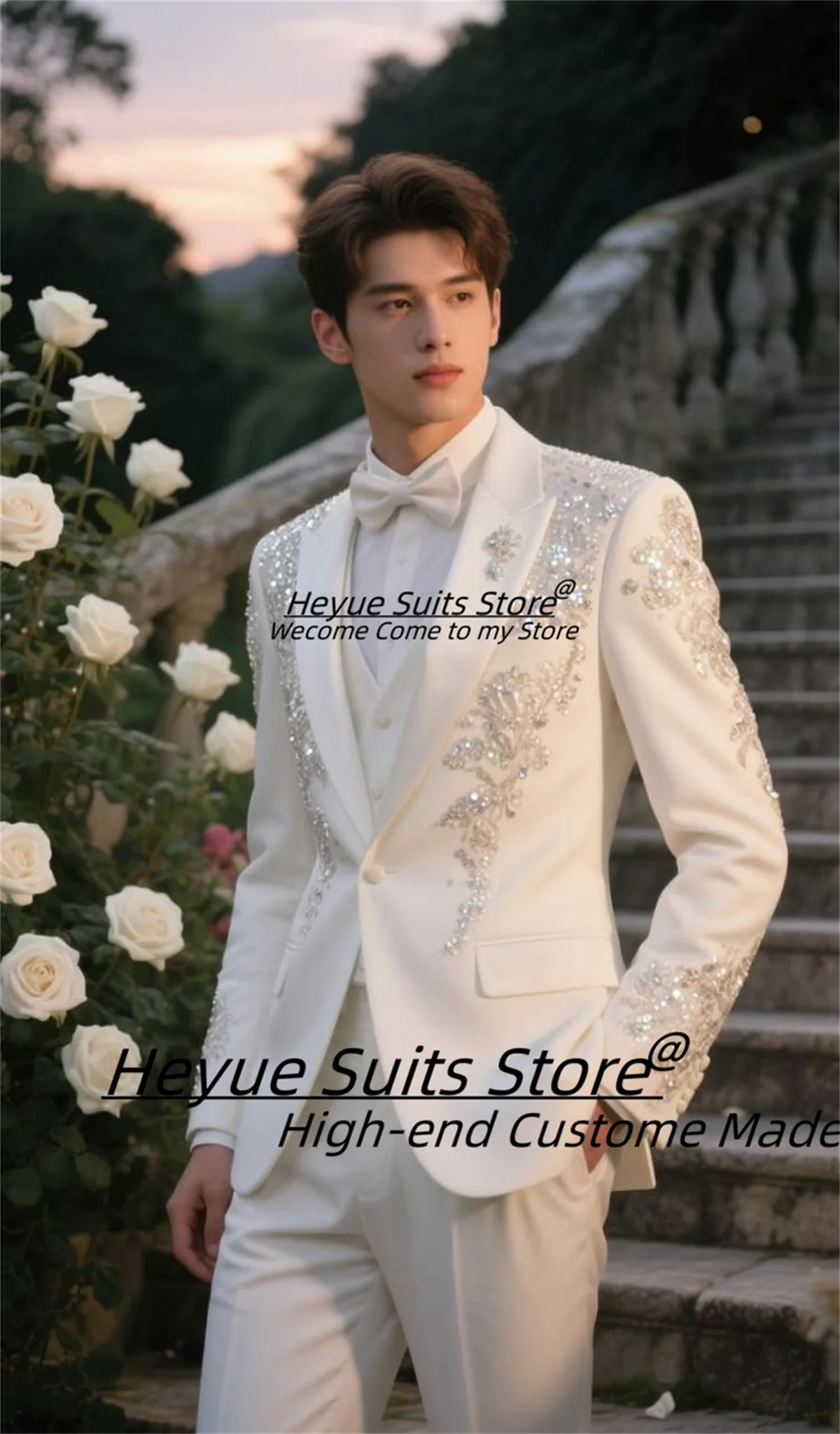 

Gorgeous Diamonds Embroidery Men Suits Customized Slim Peak Lapel Groom Wedding Tuxedos 2 Pcs Sets Male Prom Blazers Ropa Hombre