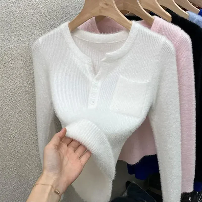 Mink Plush Sweater with Knitted Bottom for Women's Short V-neck Top Pullover Jumper Single Row Button V-neck Short Top