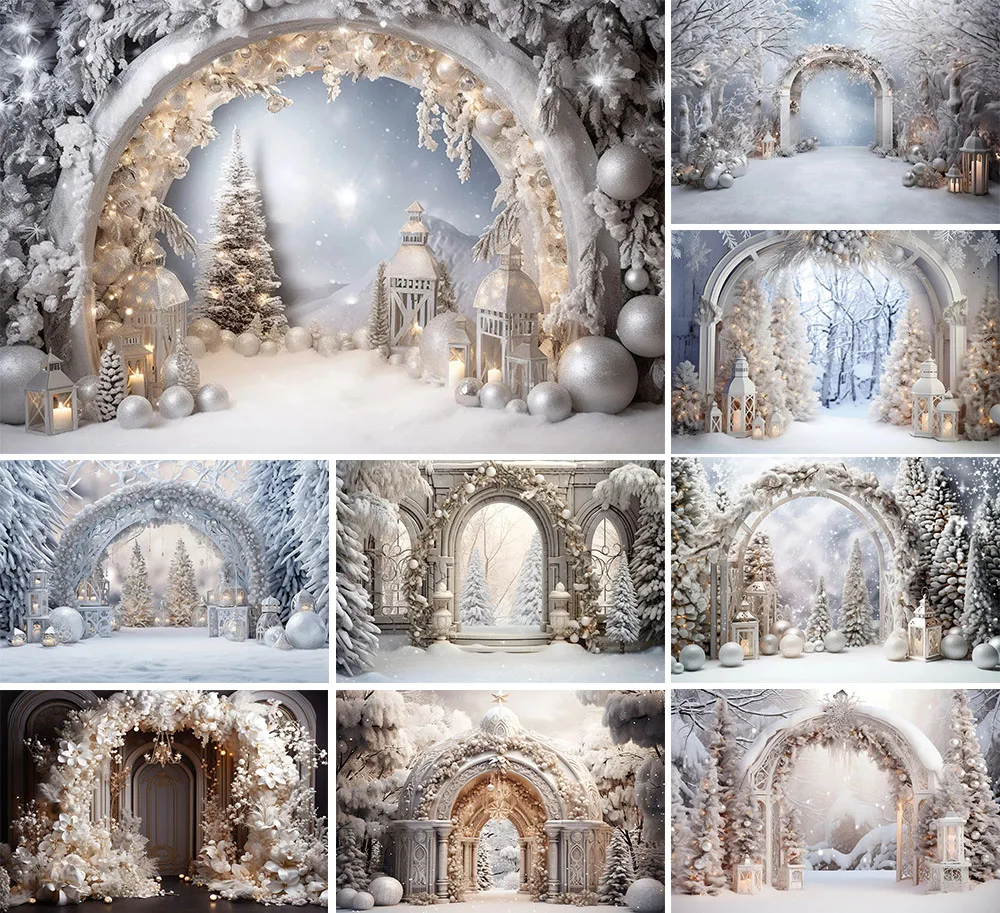 Mehofond Photography Background Winter Christmas Arch Forest Snow Xmas Tree Kid Family Party Portrait Decor Backdrop Photo Studi