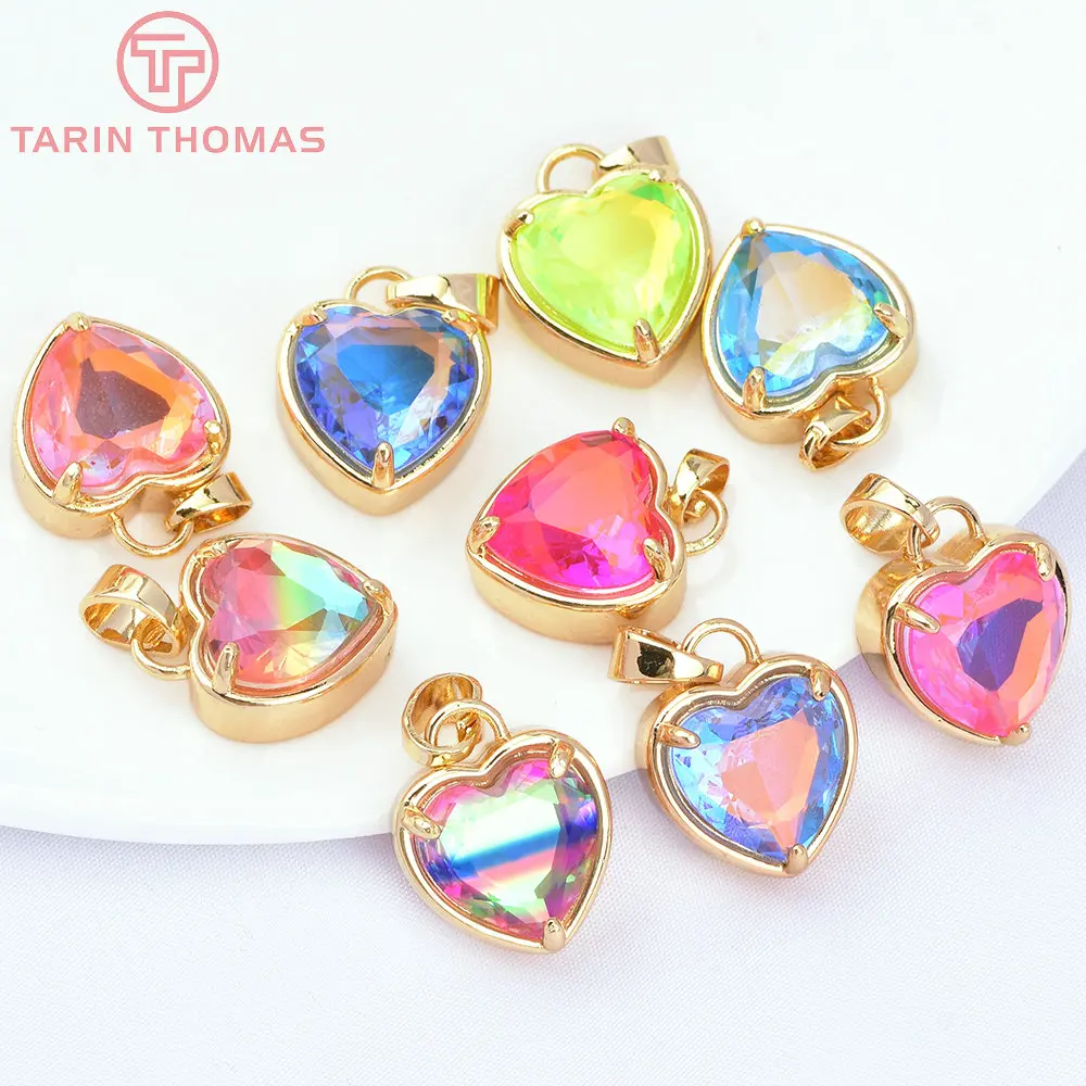 (7518) 6PCS 15x18MM 24K Gold Color Brass with Zircon Heart Charms Pendants High Quality DIY Jewelry Findings Accessories