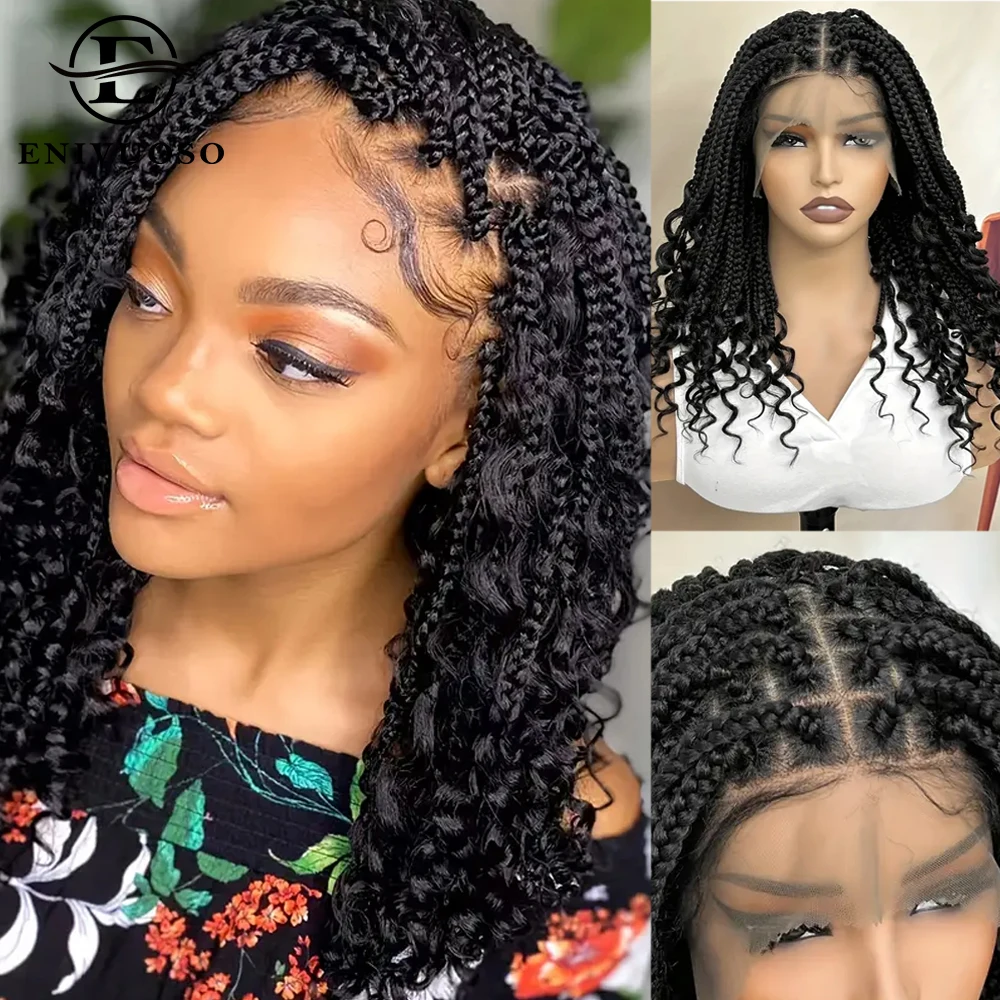 16 Inch Full Lace Knotless Goddess Braid Wig with Curly Ends Natural Black Synthetic Hair Handmade Braided Wigs for Black Women
