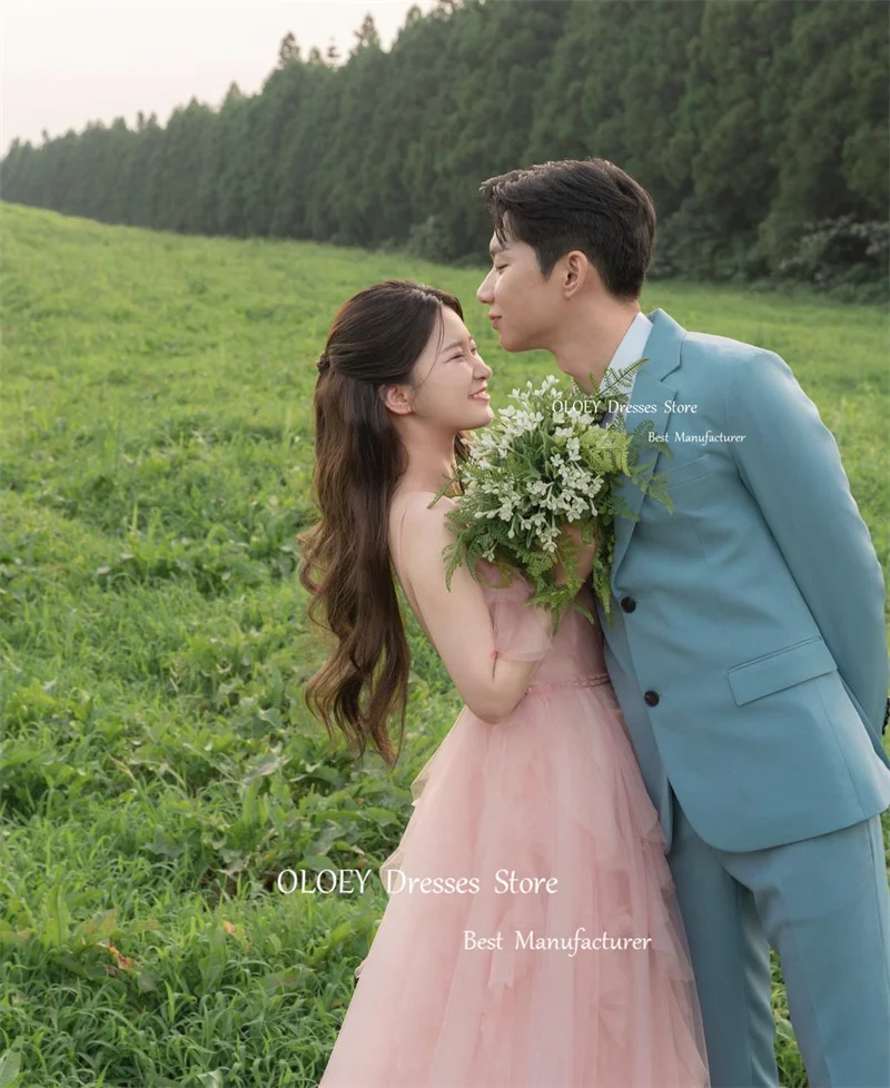 Oloey Fee Tüll staubig rosa lange Ballkleider Korea Dame Spaghetti träger Rüschen Garten Hochzeit Brautkleider Abendkleid