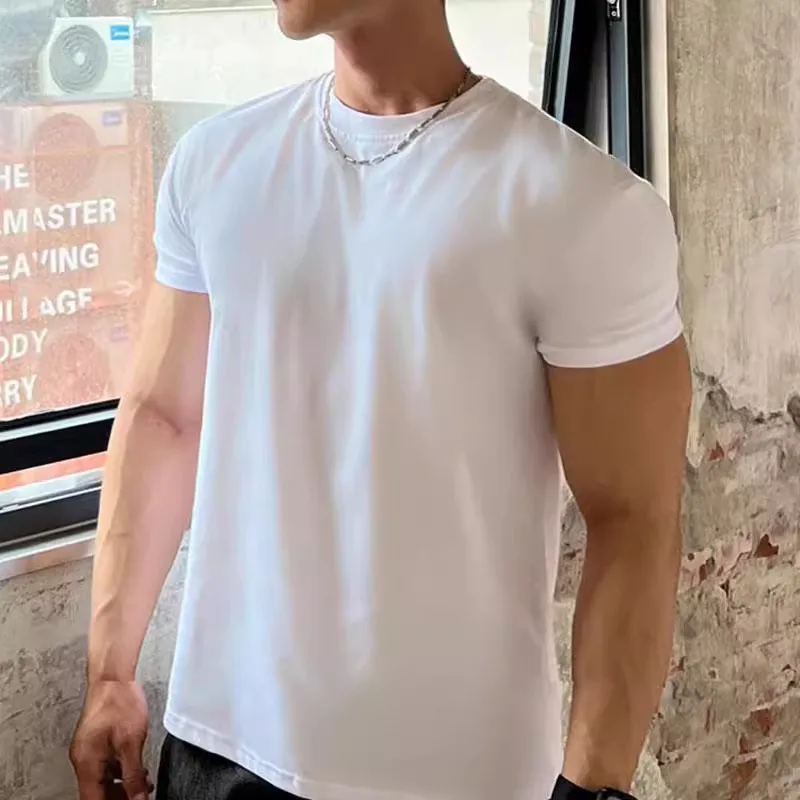 สไตล์อเมริกันขนาดเล็ก O-คอกระชับแขนสั้นสบายๆชุดออกกําลังกายออกกําลังกายกีฬา TOP Breathable เสื้อยืดผู้ชายใหม่