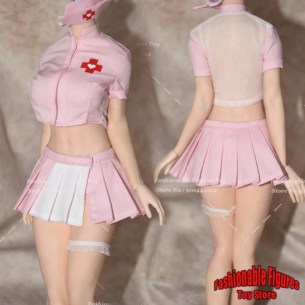 1/6 Women Soldier Nurse Uniforms Pink Crop Tops T Shirt Mini Pleated Skirt Hat Clothes Set Fit 12Inch TBL PH Action Figure Model