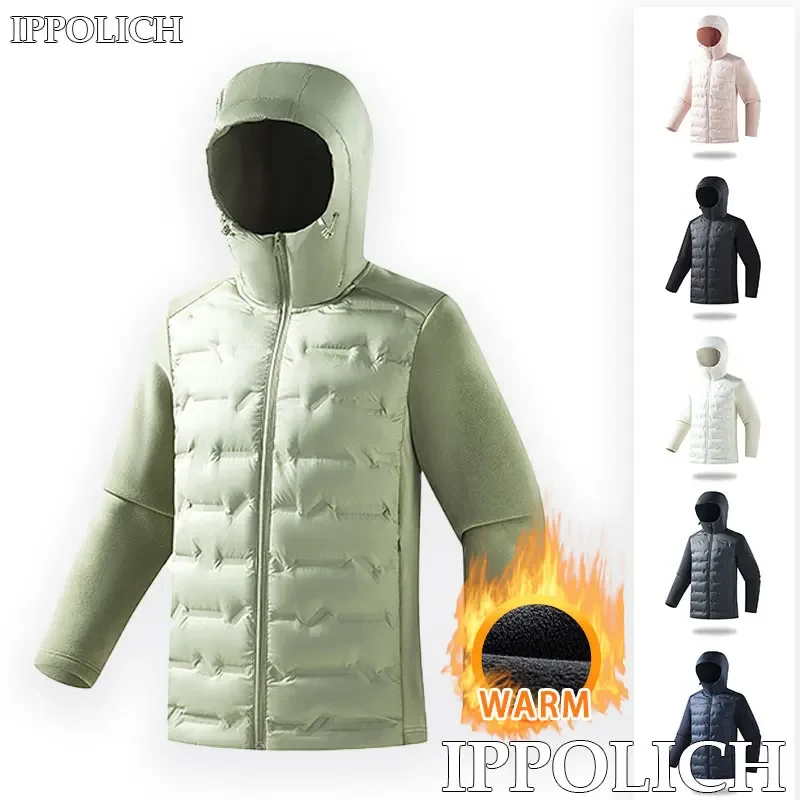 Unisex Thicken Padded Hooded Down Jacket Outdoor Running Sports Splicing Jacket Warm Comfortable Down Sports Jacket Fall Winter