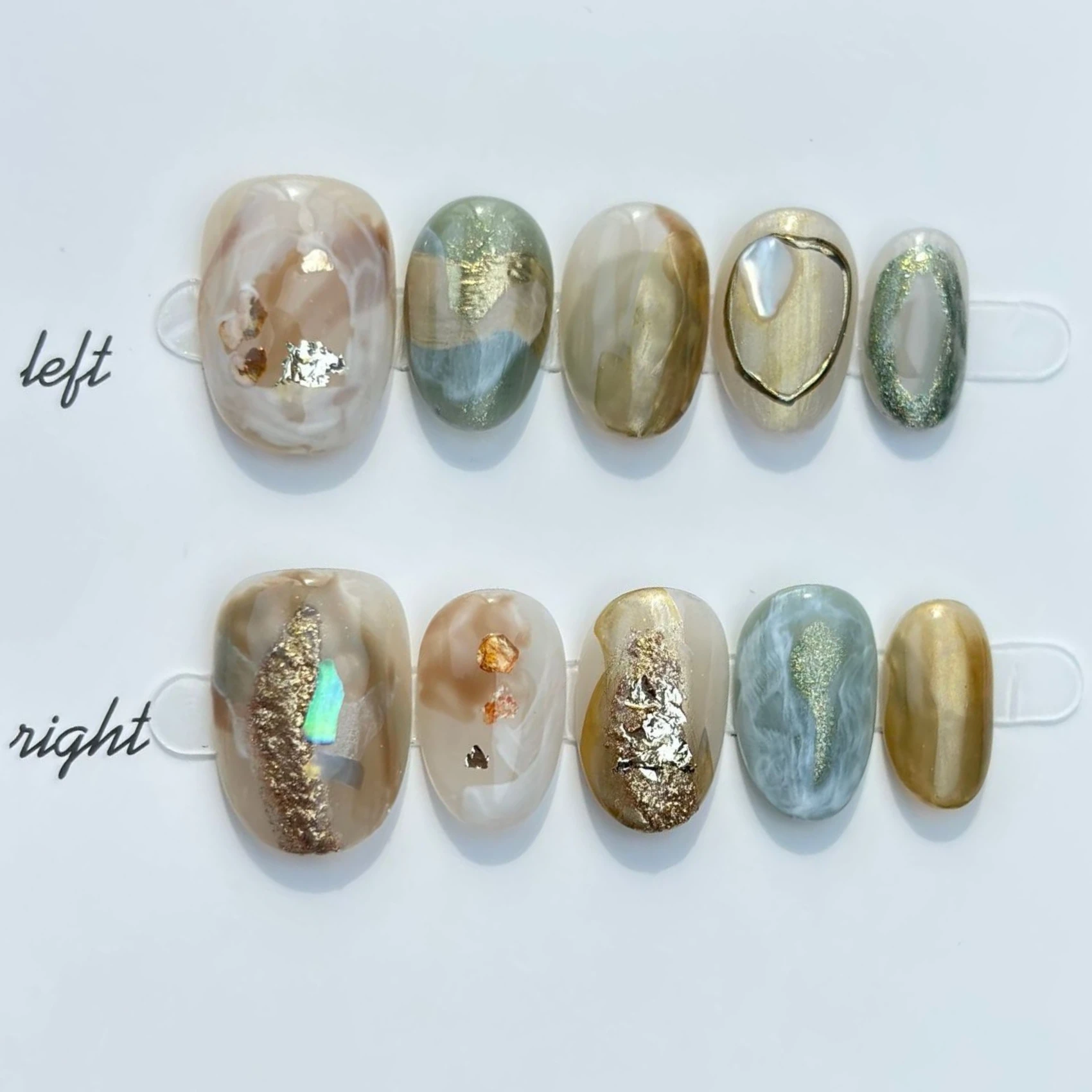 

10Pcs Short Oval Mixed Color Fall Manicure Gold Foil Stripes Smudging Almond Fake Nails Wearable Handmade Fashion Nails Tips Art