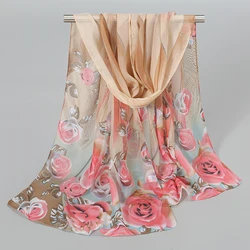 New Rose Printed Chiffon Silk Scarf Women Lightweight Shawl Summer Outdoor Sun Protection Long Muffler 150*50cm