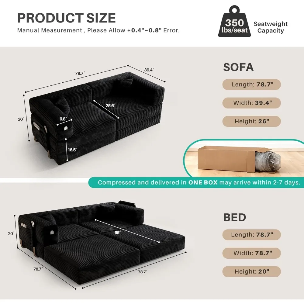 أريكة سرير قابلة للتحويل، سروال قصير على الأرض، مرتبة قابلة للطي بمقعد الحب مع إطار ثابت ووسائد مريحة #3