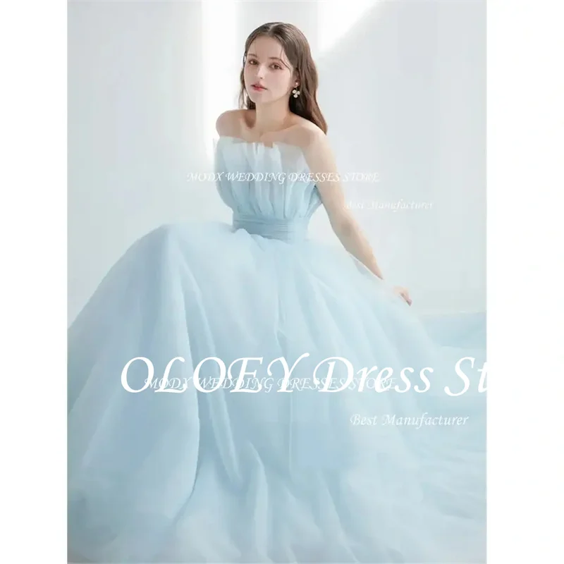 OLOEY Princess Light blue Tulle Wedding Dresses Korea Photo shoot Strapless Floor Length Bridal Gowns Corset Back Customized