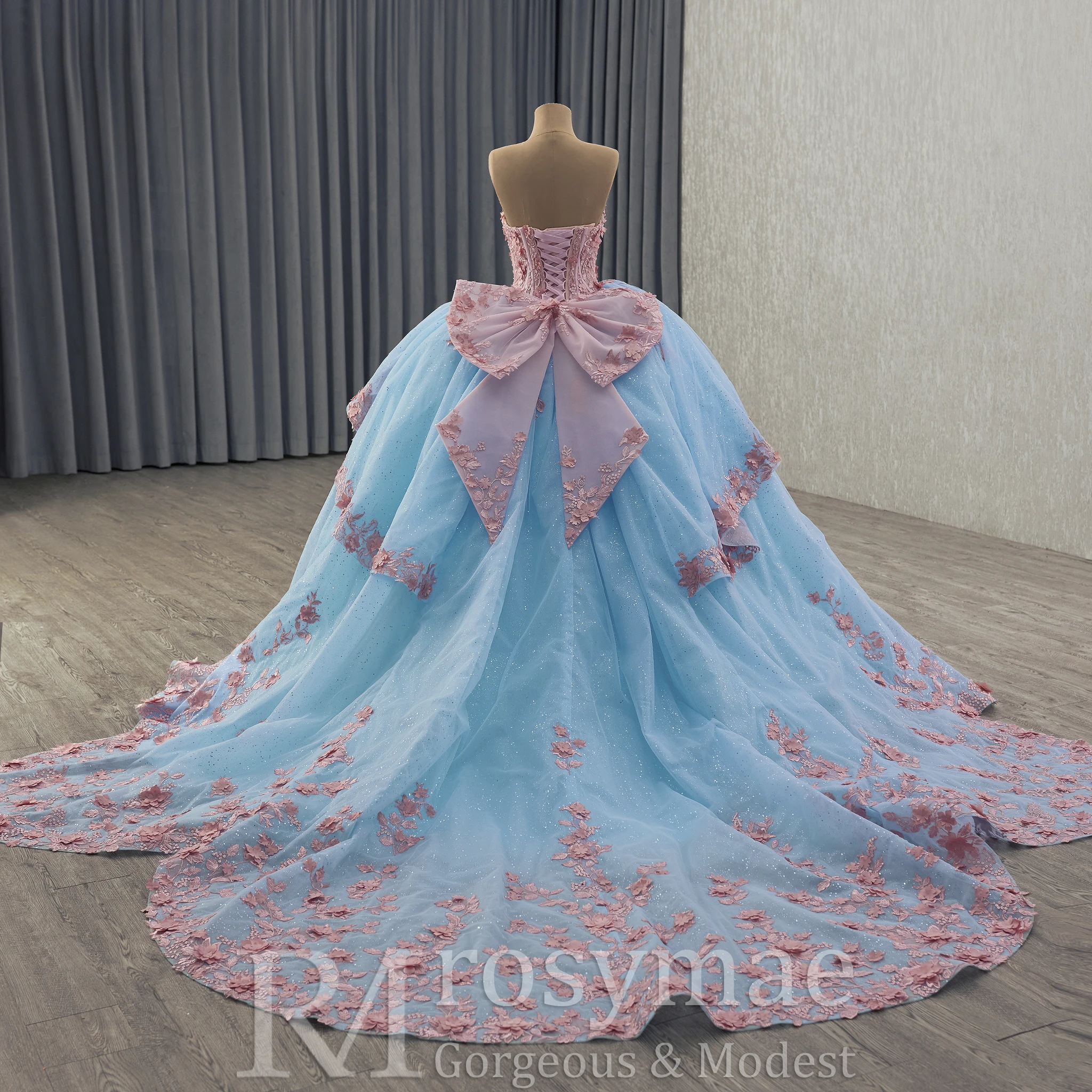 فستان Quinceanera أنيق باللون الأزرق المخضر والوردي من Rosymae مع تصميم قابل للفصل وأكمام طويلة مكشوفة الكتف لؤلؤ مطرز للاستخدام الرسمي #2