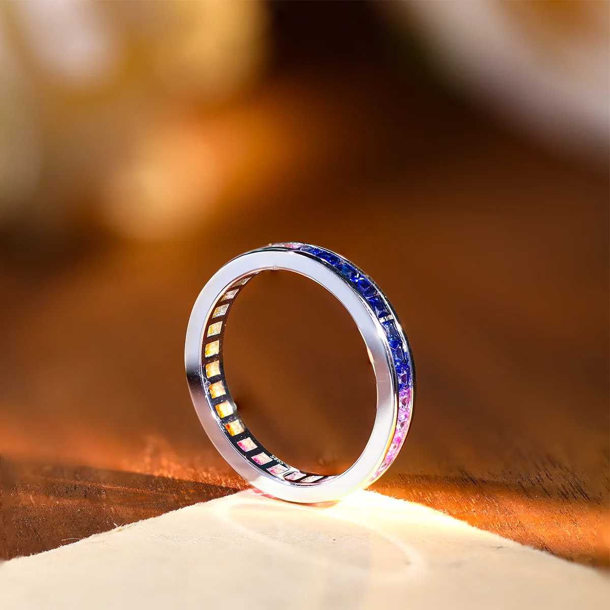 LinkerLove S925 Silver Rainbow Sapphire Ring Princess Cut Multi Color Gemstone Eternity Wedding Band Fine Jewelry Gift for Women