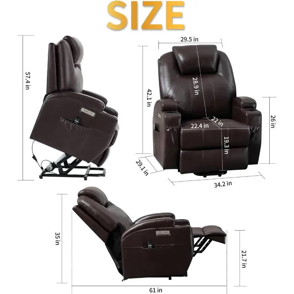 Power Lift Recliner Chair with Massage & Heat,Max 155° Reclining, Standing Assistance for Elderly, USB & Type-C Ports,PU Leather