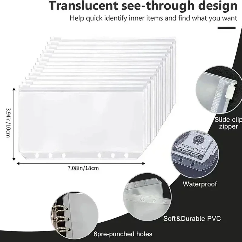 6/12 Stuks 6-Holes Losbladige Notebook Pvc Rits Tas Factuur Tas A6 Handboek Opbergtas Budget Planner Briefpapier