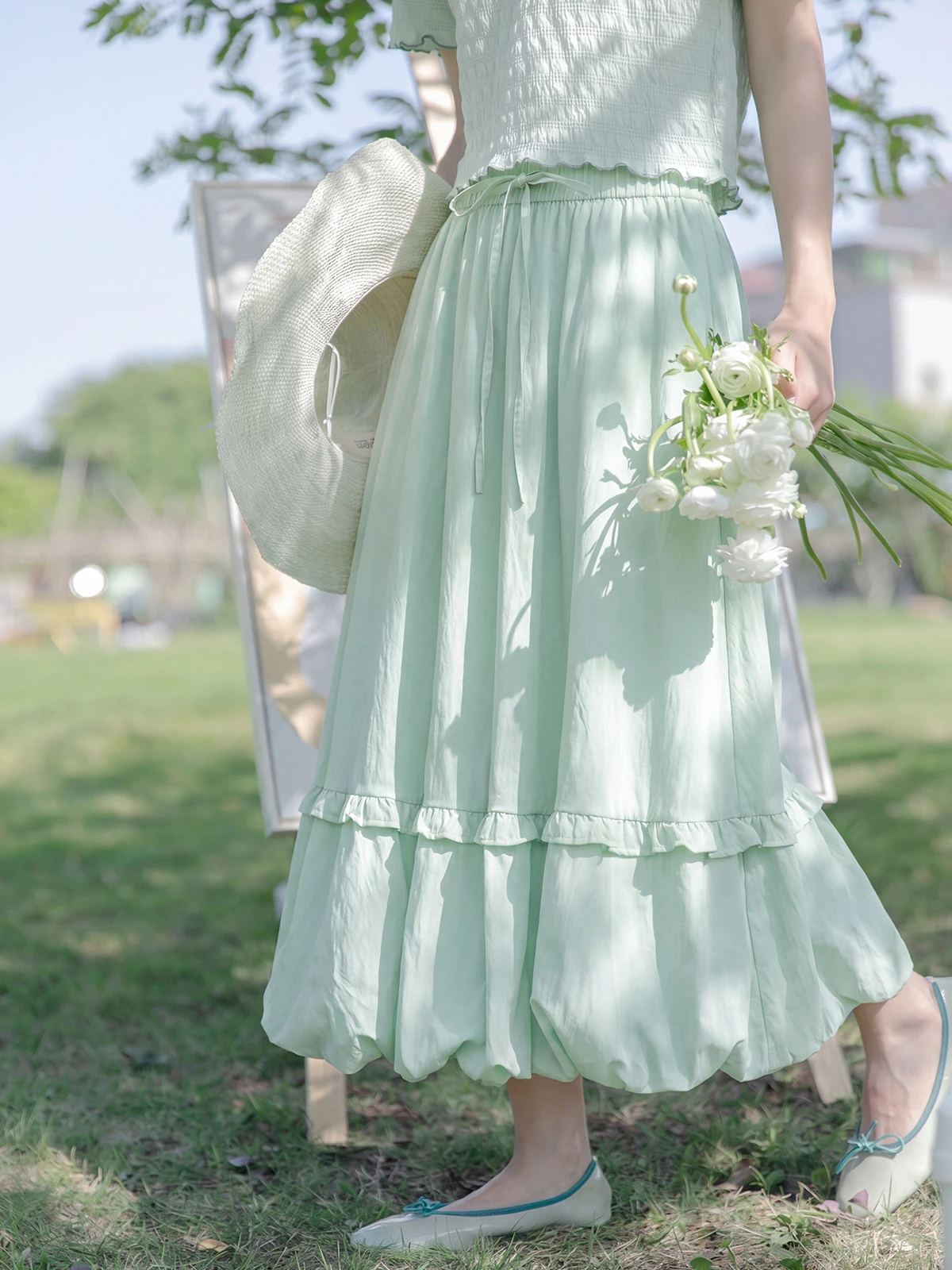 High Waist Green Floral Print Half Skirt Korean Style Summer New Cake Skirt Bloom Skirt Women's Fashion A-Line Skirt