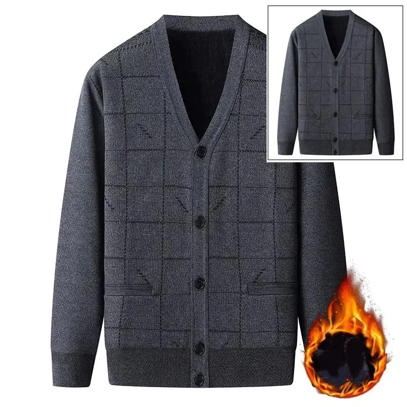 

Мужской свитер для пожилых людей среднего возраста, кардиган, осенне-зимняя одежда, бархатный утолщенный вязаный топ, теплая куртка