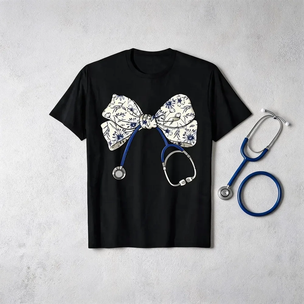 Short Sleeve T-Shirt Floral Blue Coquette Bow Nurse Stethoscope Nursing Doctor T-Shirt Black Top Graphic tees