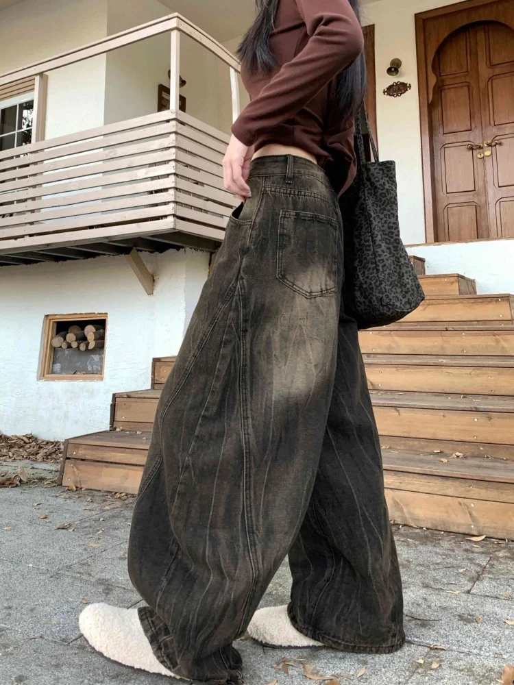 2025 Cyber Y2K Streetwear Pantaloni jeans da donna neri vintage invecchiati per abbigliamento donna Pantaloni lunghi in cotone Harajuku a gamba larga