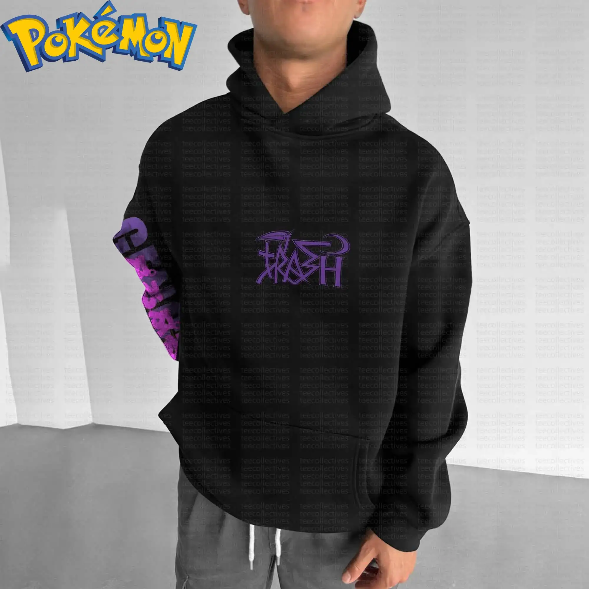Pokemon Anime Baumwolle Hoodie Harajuku Hosen Set Schwarzer Charakterdruck mit lila rosa Multi-Kreatur-Muster Zweiteiliges Outfit
