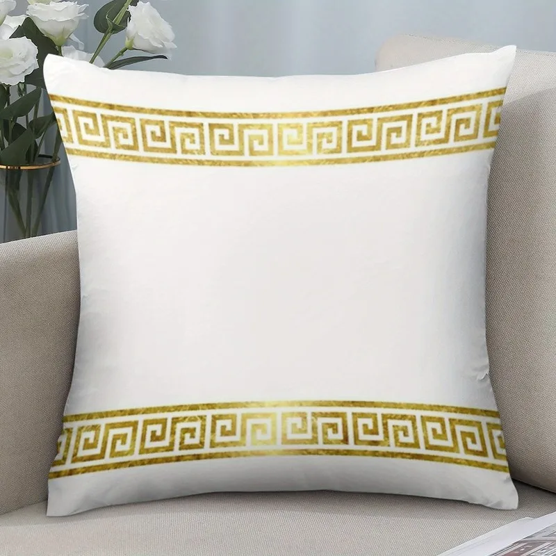 Greek Key Pattern Pillow Cover Elegant White Gold Geometric Cushion Case Double Sided for Living Room Bedroom Patio Office Decor
