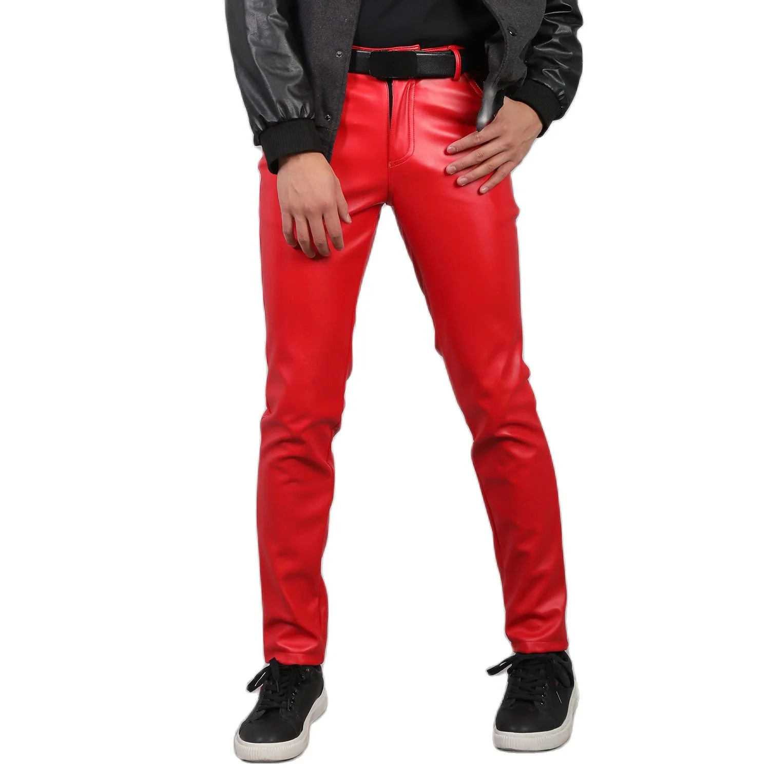 2024 Nieuwe leren herenbroek Mode slanke PU-broek Rood Blauw Zwart Grijs Wit Pantalones Hombre