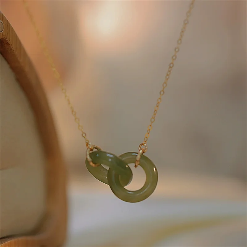 Classic Circles Interlock Jade Pendant Necklace Women Jewelry Luxury 925 Sterling Silver Clavicle Chain Necklace Female Gift