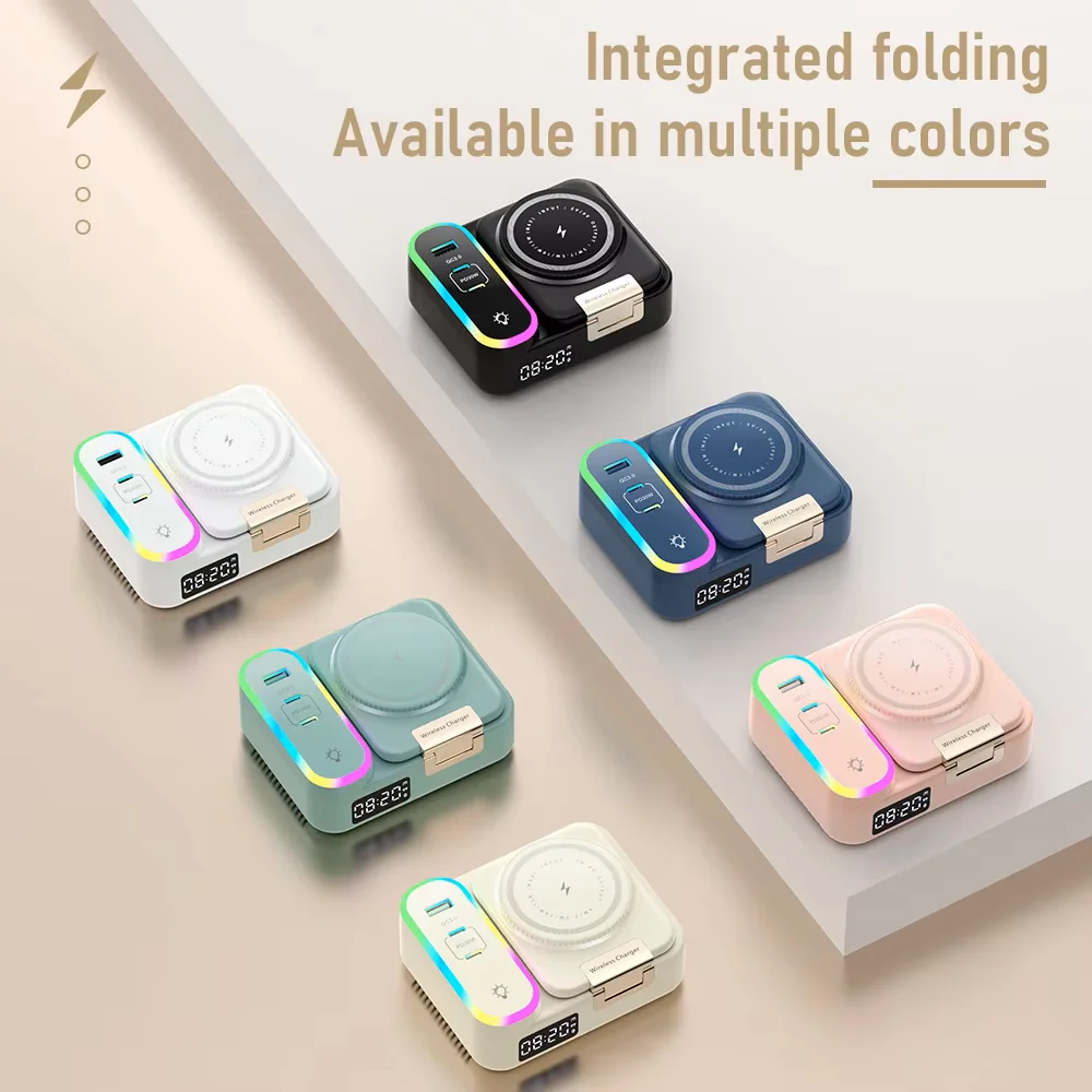 Sale 15W Wireless Fast Charging Versatile Magnetic Wireless Charger With Retractable Cable Digital Clock and Folding Stand