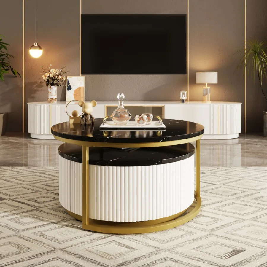 Modern Round Nesting Coffee Table Fluted with Drawer in Black & Gold in 31.5''  WL image 4