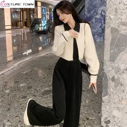 2023 Autumn/Winter Korean Edition New Fashion Two Piece Set Royal Sister Temperament Top Slim Wide Leg Suit Pants