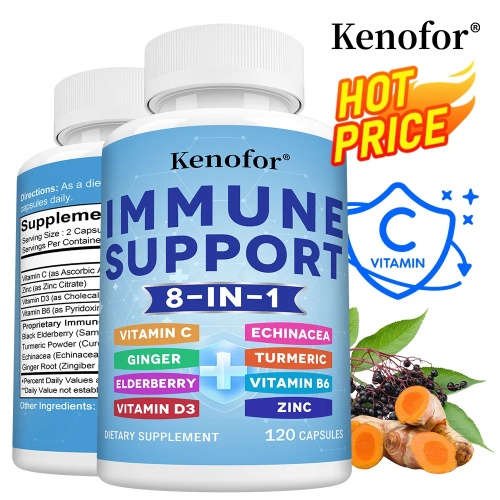 

8-in-1 Immune Support Capsules - Vitamin C, D3, B6, Zinc, Elderberry, Turmeric, Antioxidant Supplement fot Immune, Skin Radiance