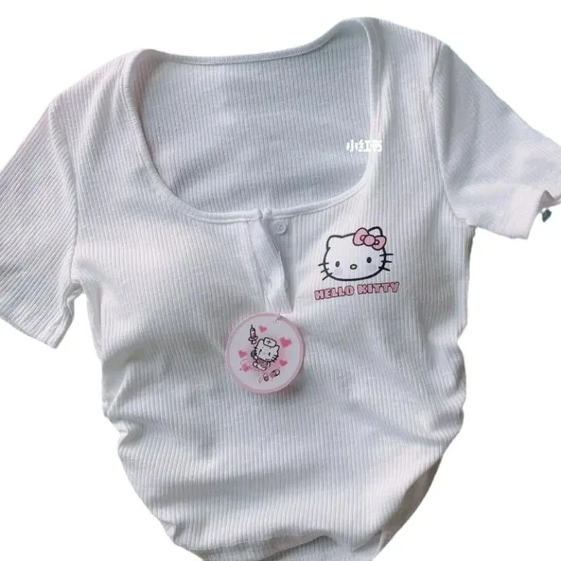 Nowy Sanrio Hello Kitty seksowna bielizna z krótkim rękawem modny Trend damski t-shirt z okrągłym dekoltem Top kreskówka z wkładek do biustonosza