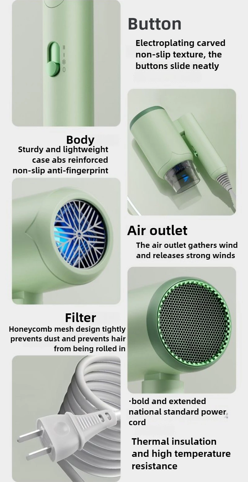 Складной фен для дома, быстросохнущий, большой ветер, 1200 Вт, мощный, с отрицательными ионами, для ухода за волосами, горячий и холодный, двухскоростной, бесшумный