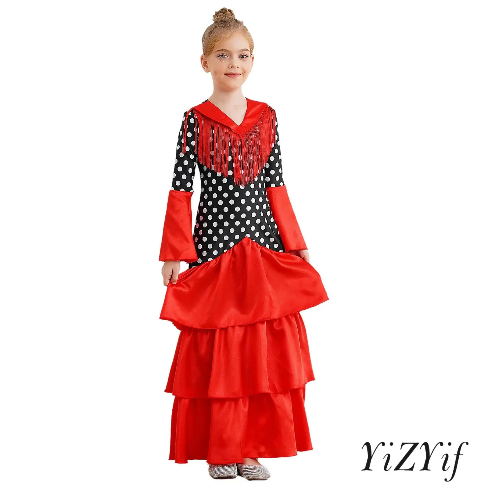 

Kids Girls Flamenco Salsa Dance Costume V Neck Flared Sleeve Tiered Ruffle Latin Dance Dress Polka Dots Print Latin Dancewear