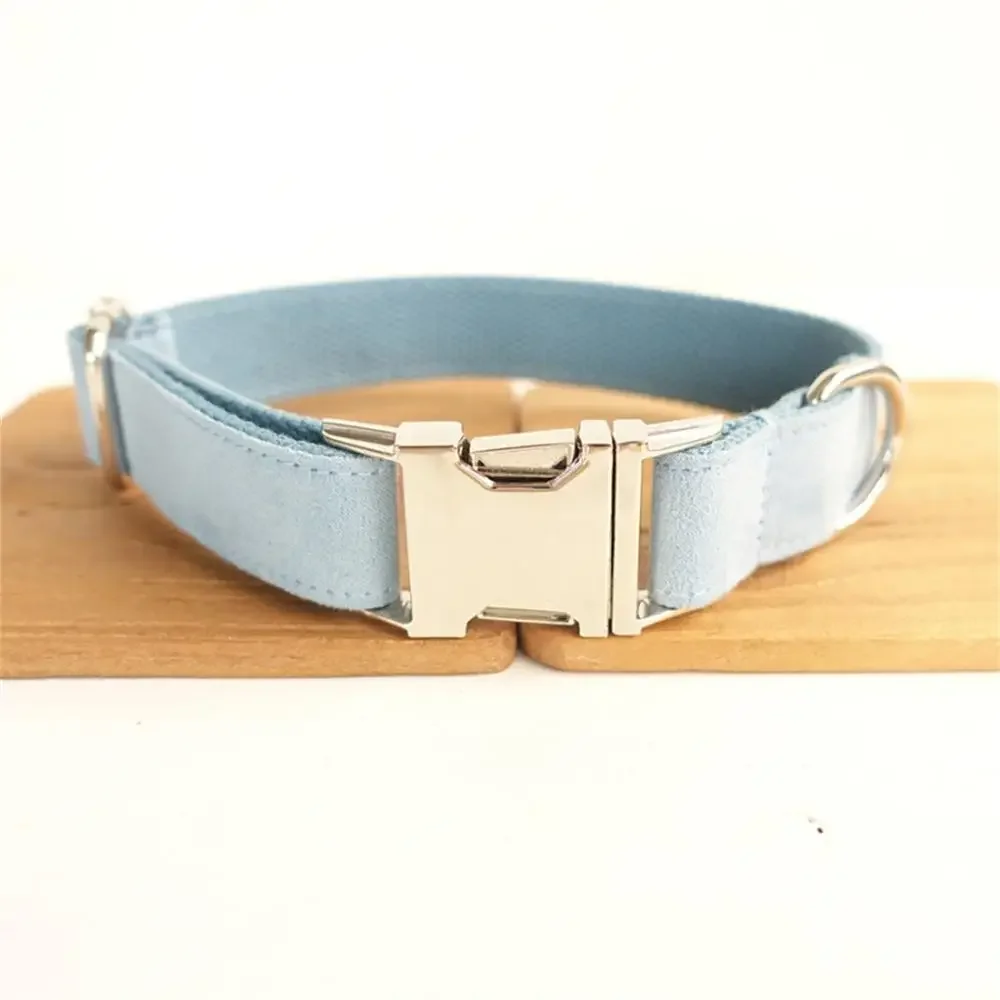 Personalized Dog Collar with Free Engraving, Matching Pet Leash,Customzied Contacts Metal Buckle,Soft Sky Blue Velvet Collar