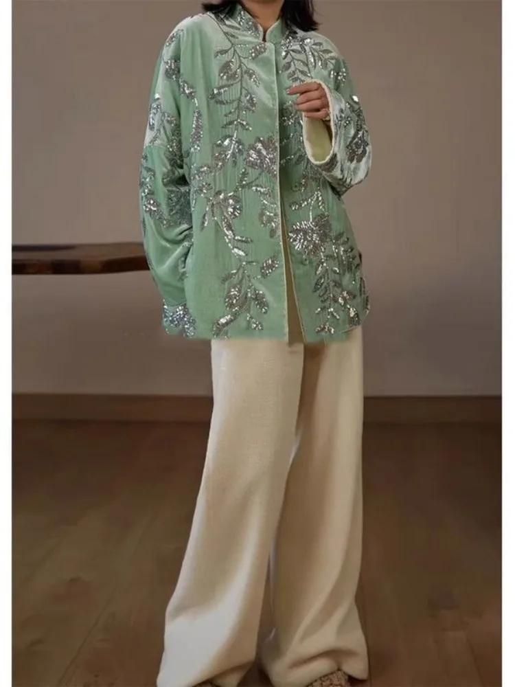Luxury Designer Women Clothing Sequins Embroidery Green Velvet Coat Autumn Winter Jacket Warm Outerwear Vintage Long-Sleeved Top